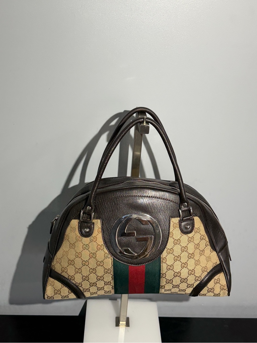 Brown GG Canvas Satchel with Green and Red Web Stripe
